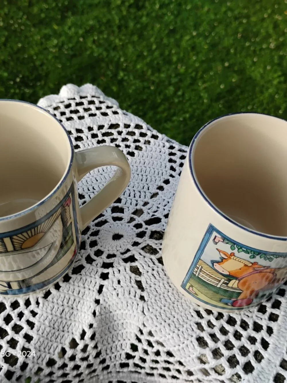 Set of 2 coffee mugs farmhouse style Hen and Cow artist Susan Winget cottagecore